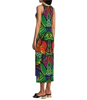 Eva Varro Barbara Jersey Knit Abstract Print Round Neck Sleeveless A-Line Midi Dress