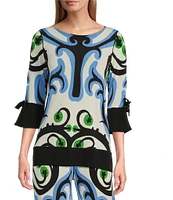 Eva Varro Baroque Print Knit Jersey Boat Neck 3/4 Tie Sleeve Tunic