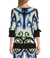 Eva Varro Baroque Print Knit Jersey Boat Neck 3/4 Tie Sleeve Tunic