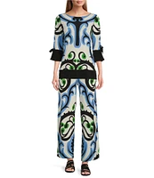 Eva Varro Baroque Print Knit Jersey Boat Neck 3/4 Tie Sleeve Tunic