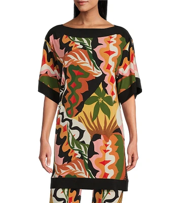 Eva Varro Border Block Printed Boat Neck Elbow Sleeve Coordinating Tunic