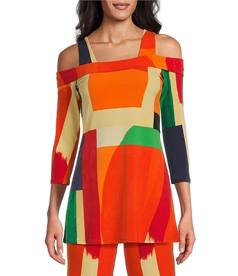 Eva Varro Color-Block Brushstroke Print Off-The-Shoulder 3/4 Sleeve Coordinating Tunic