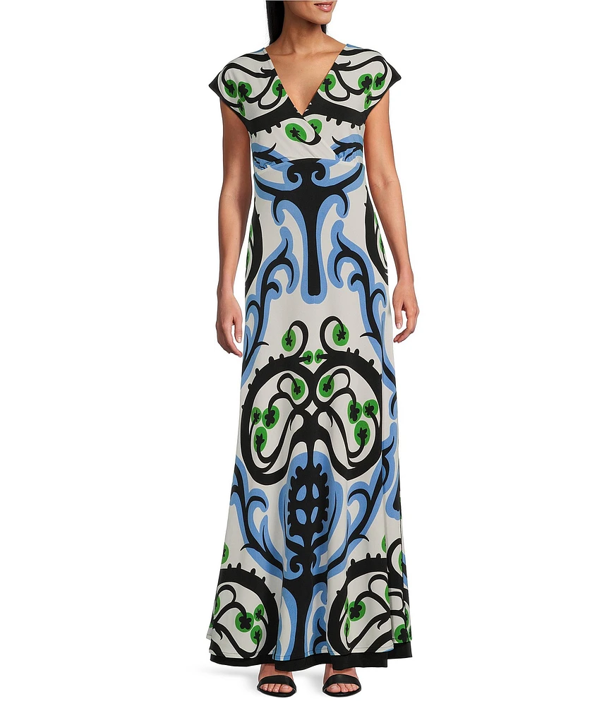 Eva Varro Convertible Baroque Print and Solid Black V-Neck Sleeveless A-Line Maxi Dress