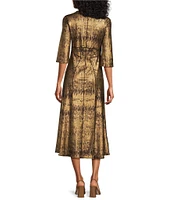 Eva Varro Donna Bronze Foil Jersey Scoop Neck 3/4 Sleeve Long Dress