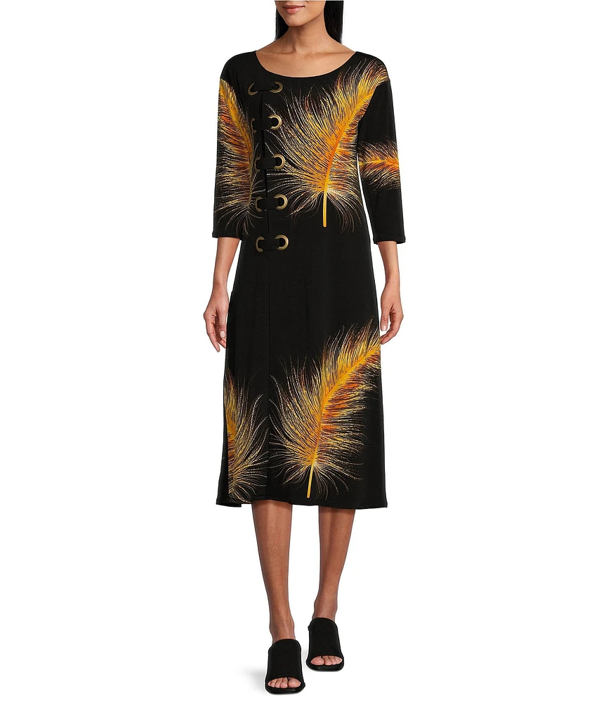 Eva Varro Exotic Feather Print Knit Jersey Boat Neck 3/4 Sleeve Grommet Trim A-Line Midi Dress