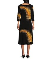 Eva Varro Exotic Feather Print Knit Jersey Boat Neck 3/4 Sleeve Grommet Trim A-Line Midi Dress