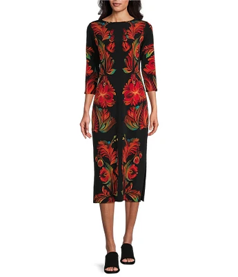 Eva Varro Feona Printed Crew Neck 3/4 Sleeve Midi Dress