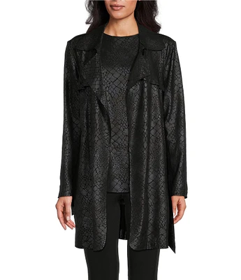 Eva Varro Gator Textured Skin Print Knit Jersey Notch Lapel Overlay Yoke Belted Wrap Jacket