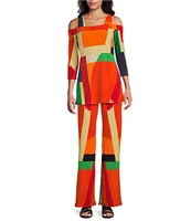 Eva Varro Geometric Brushstroke Print Elastic Waist Wide Flare Leg Coordinating Pants
