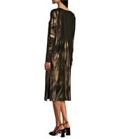 Eva Varro Gold Brush Foil Jersey Bateau Neck Long Sleeve Dress