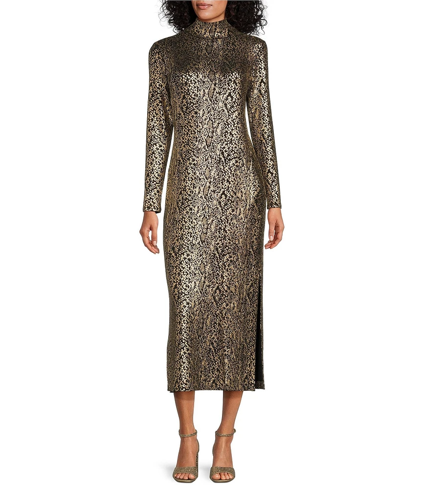 Eva Varro Gold Metallic Snake Print Mock Neck Long Sleeve Straight Maxi Dress