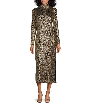 Eva Varro Gold Metallic Snake Print Mock Neck Long Sleeve Straight Maxi Dress