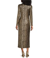 Eva Varro Gold Metallic Snake Print Mock Neck Long Sleeve Straight Maxi Dress