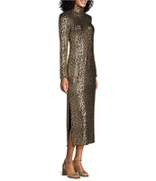 Eva Varro Gold Metallic Snake Print Mock Neck Long Sleeve Straight Maxi Dress