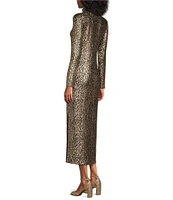 Eva Varro Gold Metallic Snake Print Mock Neck Long Sleeve Straight Maxi Dress