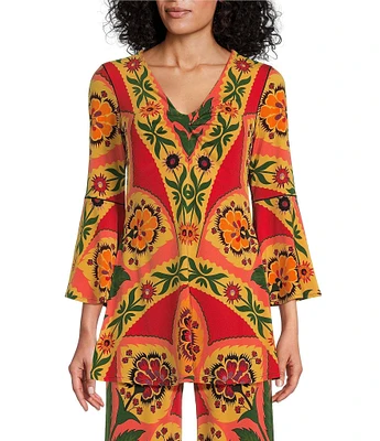 Eva Varro Kendra Floral Ornament Print Coordinating V-Neck 3/4 Bell Sleeves Center Front Drapery Knit Tunic