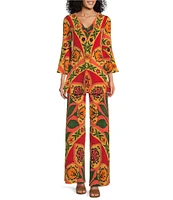 Eva Varro Kendra Jersey Knit Ornament Print Coordinating Wide Leg Pull-On Pants