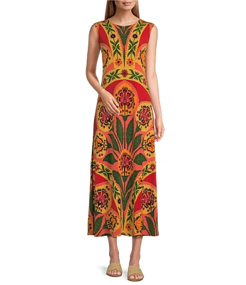 Eva Varro Kendra Knit Jersey Floral Ornament Print Crew Neck Sleeveless Curved Hem A-Line Dress