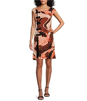 Eva Varro Knit Abstract Print Boat Neck Cap Sleeves Side Grommet A-Line Dress