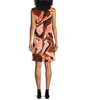 Eva Varro Knit Abstract Print Boat Neck Cap Sleeves Side Grommet A-Line Dress