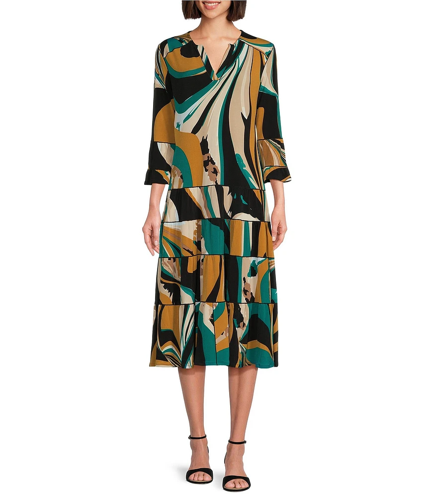 Eva Varro Knit Abstract Print Split V-Neck 3/4 Ruffle Sleeve Tiered A-Line Dress