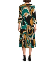 Eva Varro Knit Abstract Print Split V-Neck 3/4 Ruffle Sleeve Tiered A-Line Dress