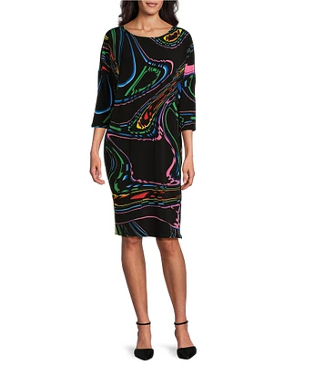 Eva Varro Knit Abstract Swirl Boat Neck 3/4 Sleeve Dropped Shoulder Dress