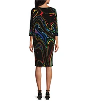 Eva Varro Knit Abstract Swirl Boat Neck 3/4 Sleeve Dropped Shoulder Dress