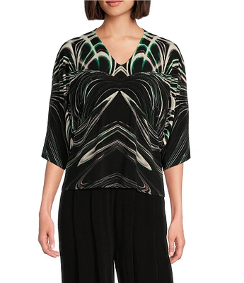 Eva Varro Knit Abstract Swirl V-Neck Elbow Kimono Sleeve Caftan Top