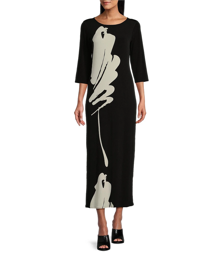 Eva Varro Knit Brushstroke Print Boat Neck 3/4 Sleeve Single Layered Long Sheath Dress