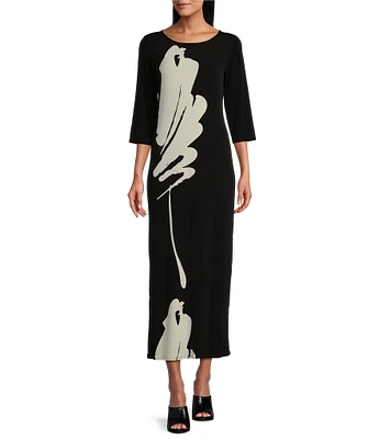 Eva Varro Knit Brushstroke Print Boat Neck 3/4 Sleeve Single Layered Long Sheath Dress