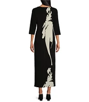 Eva Varro Knit Brushstroke Print Boat Neck 3/4 Sleeve Single Layered Long Sheath Dress