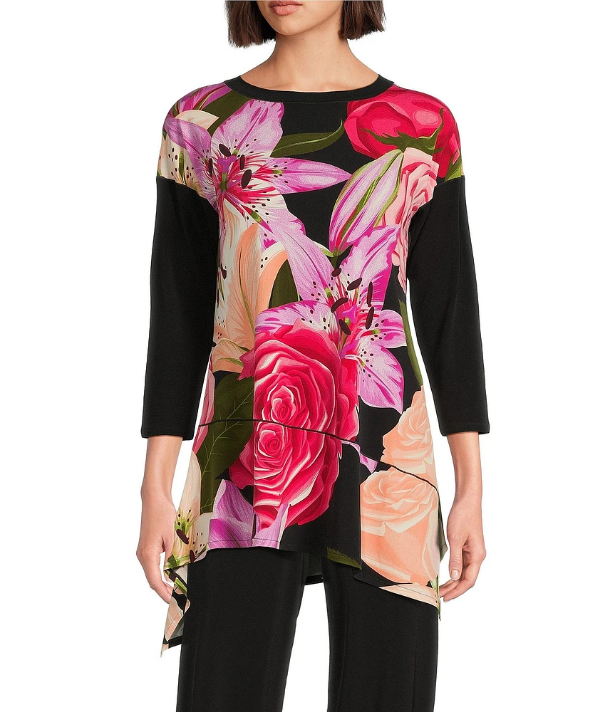 Eva Varro Knit Floral Print Boat Neck 3/4 Sleeve Asymmetrical Ruffle Hem Tunic