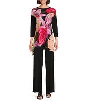 Eva Varro Knit Floral Print Boat Neck 3/4 Sleeve Asymmetrical Ruffle Hem Tunic