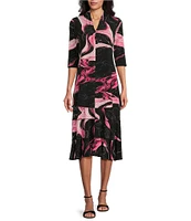 Eva Varro Knit Jersey Abstract Marble Line Print Ruffled 5-Tiered A-Line Midi Skirt