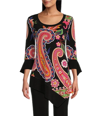 Eva Varro Knit Jersey Abstract Tropical Flower Print Boat Neck 3/4 Sleeve Savannah Tunic