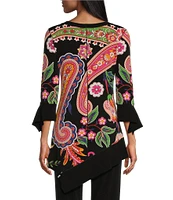 Eva Varro Knit Jersey Abstract Tropical Flower Print Boat Neck 3/4 Sleeve Savannah Tunic