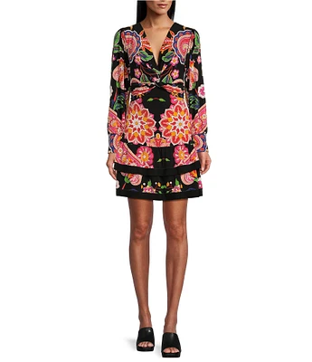 Eva Varro Knit Jersey Abstract Tropical Flower Print V-Neck Long Sleeve Ruffle Tiered A-Line Dress