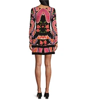 Eva Varro Knit Jersey Abstract Tropical Flower Print V-Neck Long Sleeve Ruffle Tiered A-Line Dress