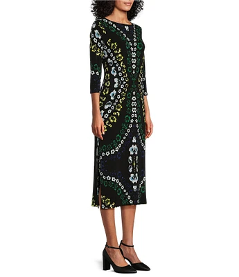 Eva Varro Knit Jersey Floral Pattern Crew Neck 3/4 Sleeve Side Slit Midi Dress