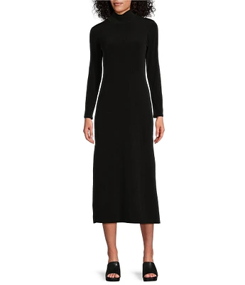 Eva Varro Knit Jersey Mock Neck Long Sleeve Side Slit Midi Sheath Dress