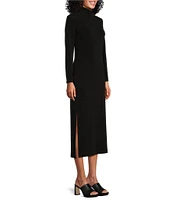 Eva Varro Knit Jersey Mock Neck Long Sleeve Side Slit Midi Sheath Dress