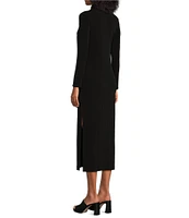 Eva Varro Knit Jersey Mock Neck Long Sleeve Side Slit Midi Sheath Dress