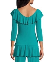 Eva Varro Knit Jersey V-Neck 3/4 Sleeve Asymmetric Ruffled Tunic