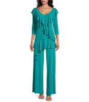 Eva Varro Knit Jersey V-Neck 3/4 Sleeve Asymmetric Ruffled Tunic
