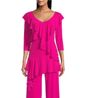 Eva Varro Knit Jersey V-Neck 3/4 Sleeve Asymmetric Ruffled Tunic