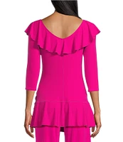 Eva Varro Knit Jersey V-Neck 3/4 Sleeve Asymmetric Ruffled Tunic