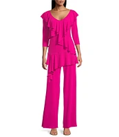 Eva Varro Knit Jersey V-Neck 3/4 Sleeve Asymmetric Ruffled Tunic