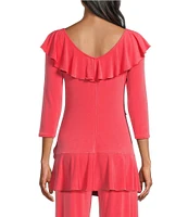 Eva Varro Knit Jersey V-Neck 3/4 Sleeve Asymmetric Ruffled Tunic