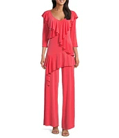 Eva Varro Knit Jersey V-Neck 3/4 Sleeve Asymmetric Ruffled Tunic